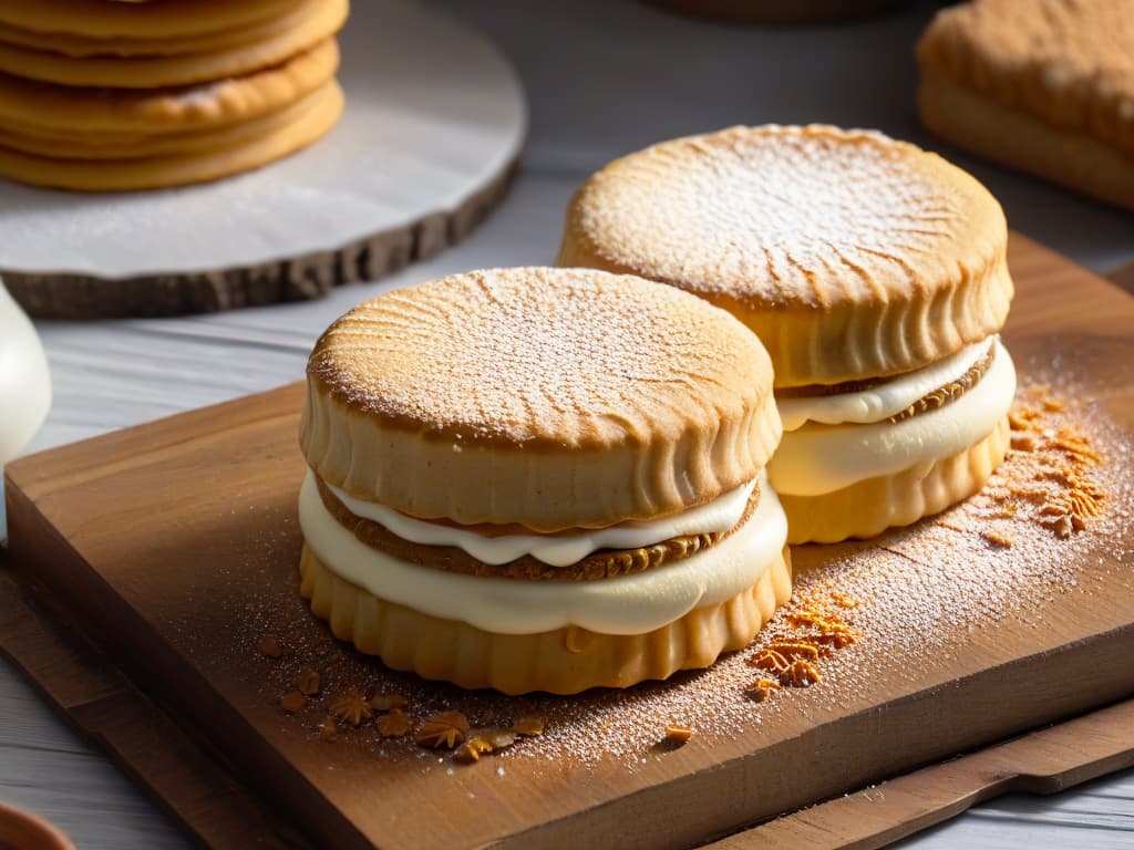  An ultradetailed image of a pair of homemade alfajores placed delicately on a rustic wooden table, showcasing the intricate layers of whole grain cookies sandwiched with creamy dulce de leche, all dusted with a light sprinkle of powdered sugar. The warm golden hue of the dulce de leche contrasts beautifully with the earthy tones of the wooden surface, while a few scattered crumbs hint at the deliciousness of this healthier take on the traditional Argentine treat. hyperrealistic, full body, detailed clothing, highly detailed, cinematic lighting, stunningly beautiful, intricate, sharp focus, f/1. 8, 85mm, (centered image composition), (professionally color graded), ((bright soft diffused light)), volumetric fog, trending on instagram, trending on tumblr, HDR 4K, 8K