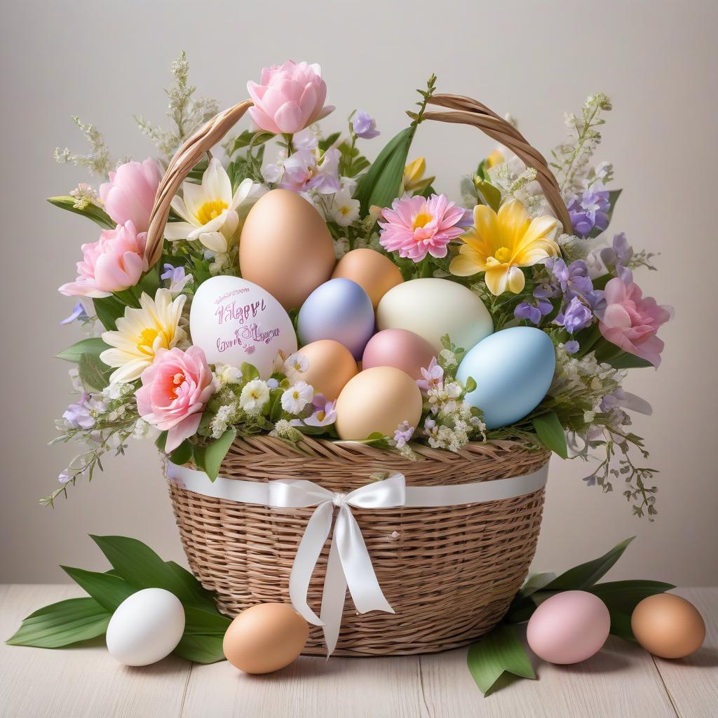  Greeting card with the inscription Happy Easter, gift basket with beautiful painted eggs, beautiful inscription, beautiful decor: bouquets of spring flowers in the shape of a heart, silk ribbons. hyperrealistic, full body, detailed clothing, highly detailed, cinematic lighting, stunningly beautiful, intricate, sharp focus, f/1. 8, 85mm, (centered image composition), (professionally color graded), ((bright soft diffused light)), volumetric fog, trending on instagram, trending on tumblr, HDR 4K, 8K