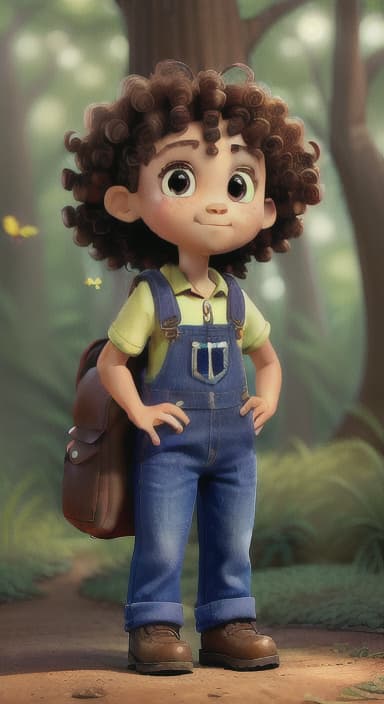  {The tree with a twinkling eye, while its leaves gently rustle., Riley, a curious with big brown eyes and curly hair, wearing overalls and carrying a small backpack. Their friend, Skye, a bluebird with shiny feathers.