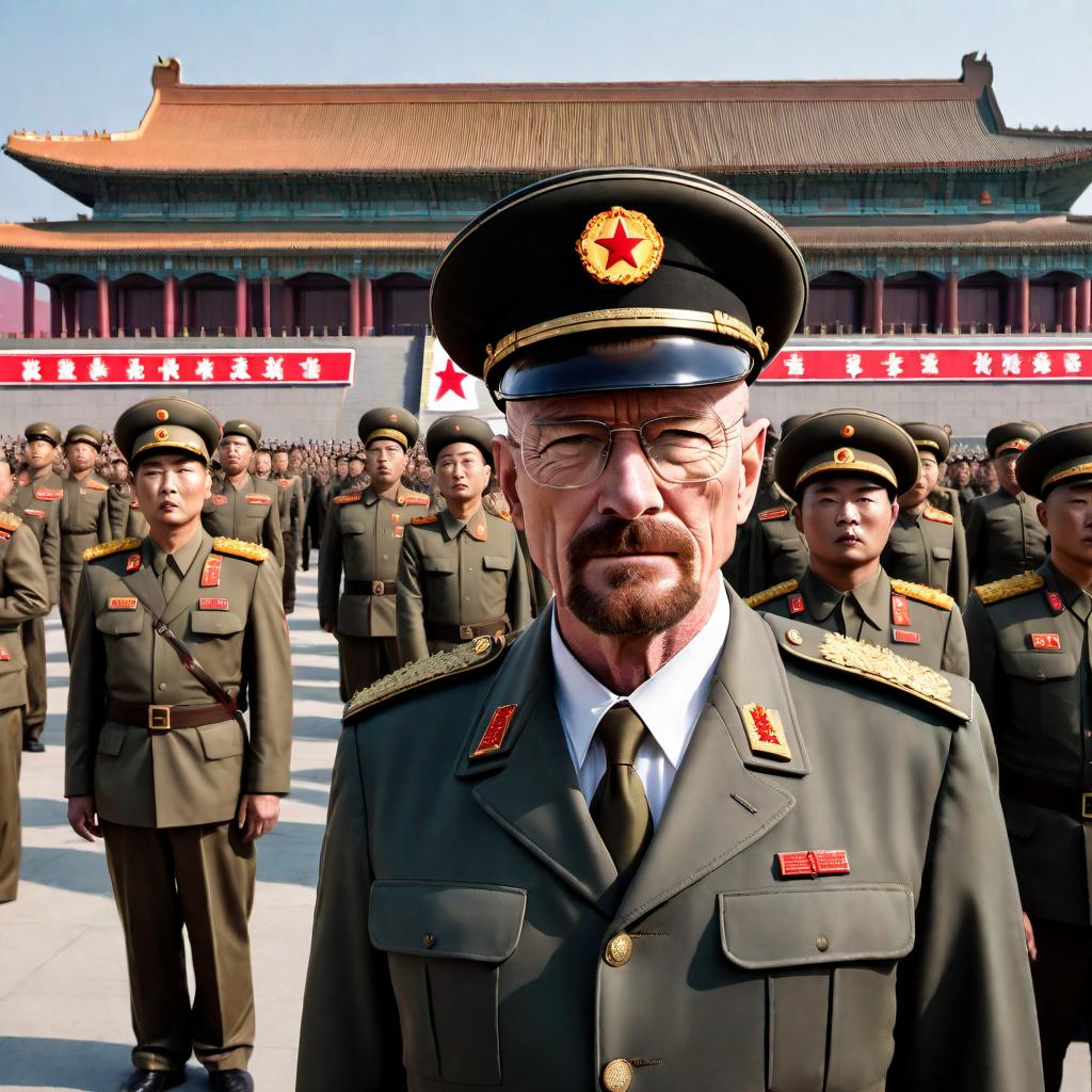  Walter White from Breaking Bad, depicted in a North Korean setting, saluting and wearing a black military uniform with four pockets and a collar at Kim Il Sung Square, waving down to the people during a military parade with soldiers and rockets. hyperrealistic, full body, detailed clothing, highly detailed, cinematic lighting, stunningly beautiful, intricate, sharp focus, f/1. 8, 85mm, (centered image composition), (professionally color graded), ((bright soft diffused light)), volumetric fog, trending on instagram, trending on tumblr, HDR 4K, 8K