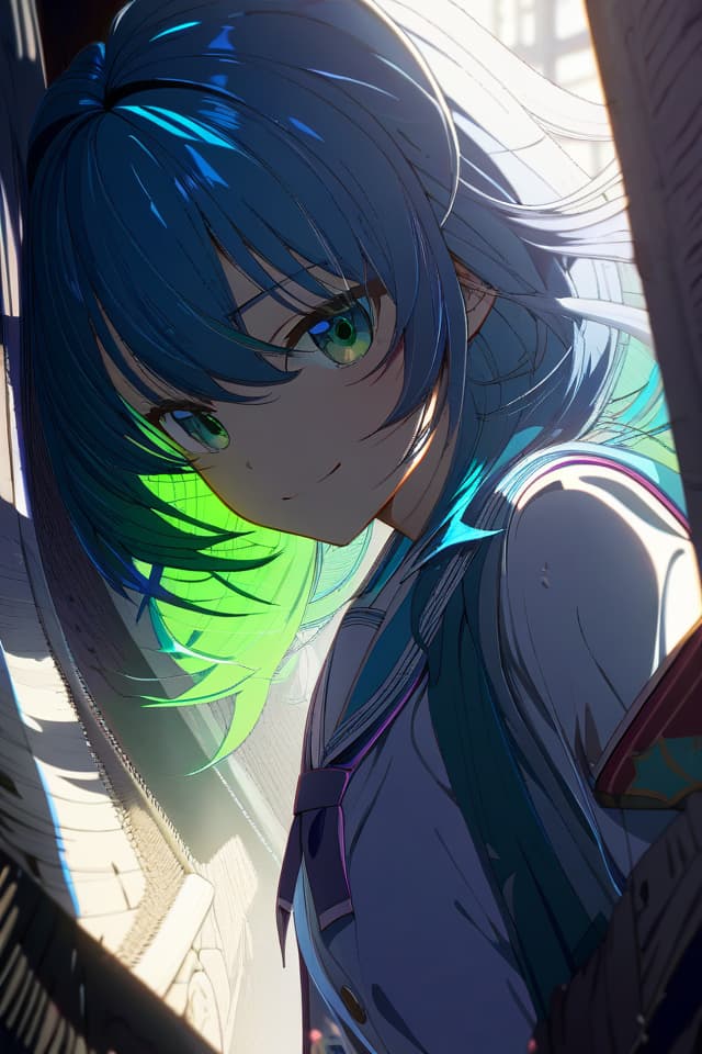  a beautiful blue haired girl,long messy hair,beautiful detailed deep green eyes,cute and beautiful face,shy smile,School uniform,colorful,(masterpiece:1.2),(best quality:1.2),ultra detailed,best shadow,detailed background,high contrast,(best illumination,an extremely delicate and beautiful),((cinematic light)),hyper detail,dramatic light,intricate details,8k,anime,very aesthetic,