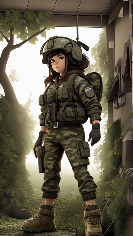  Two heads full body combat camouflage fighting machine gun girl cute