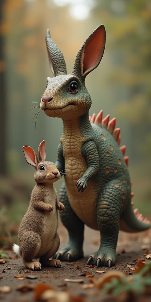  good quality, high quality, a rabbit standing right next to a stegosaurus, realistic, highly detailed