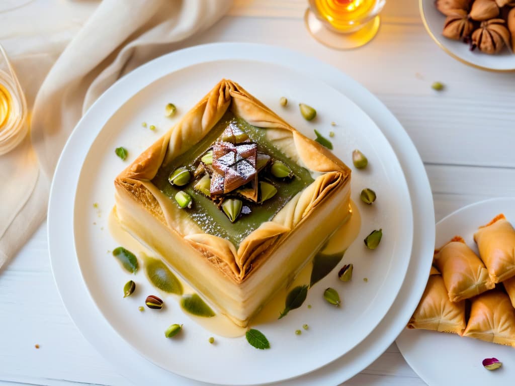  An ultradetailed image of a delicate Arabic dessert spread on a sleek, modern white plate. The dessert consists of intricately layered baklava drizzled with golden honey, adorned with crushed pistachios and edible rose petals. Surrounding the baklava are small, dainty cups of rich Arabic coffee, steaming gently in the soft light, casting a warm glow on the dessert. The background is a blur of elegant Arabic patterns in shades of gold and teal, adding a touch of exotic luxury to the scene. hyperrealistic, full body, detailed clothing, highly detailed, cinematic lighting, stunningly beautiful, intricate, sharp focus, f/1. 8, 85mm, (centered image composition), (professionally color graded), ((bright soft diffused light)), volumetric fog, trending on instagram, trending on tumblr, HDR 4K, 8K