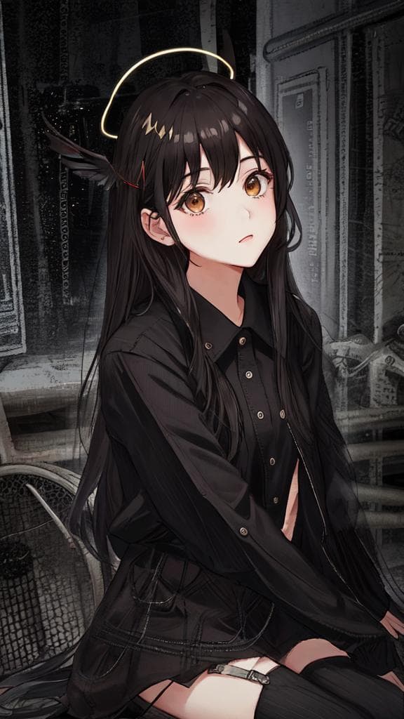 (****), 1girl, black hair, angel of death, innocent, brown eyes, diadem, angel wings, black clothes, full body, arms behind back, sky, halo, post apocalypse,