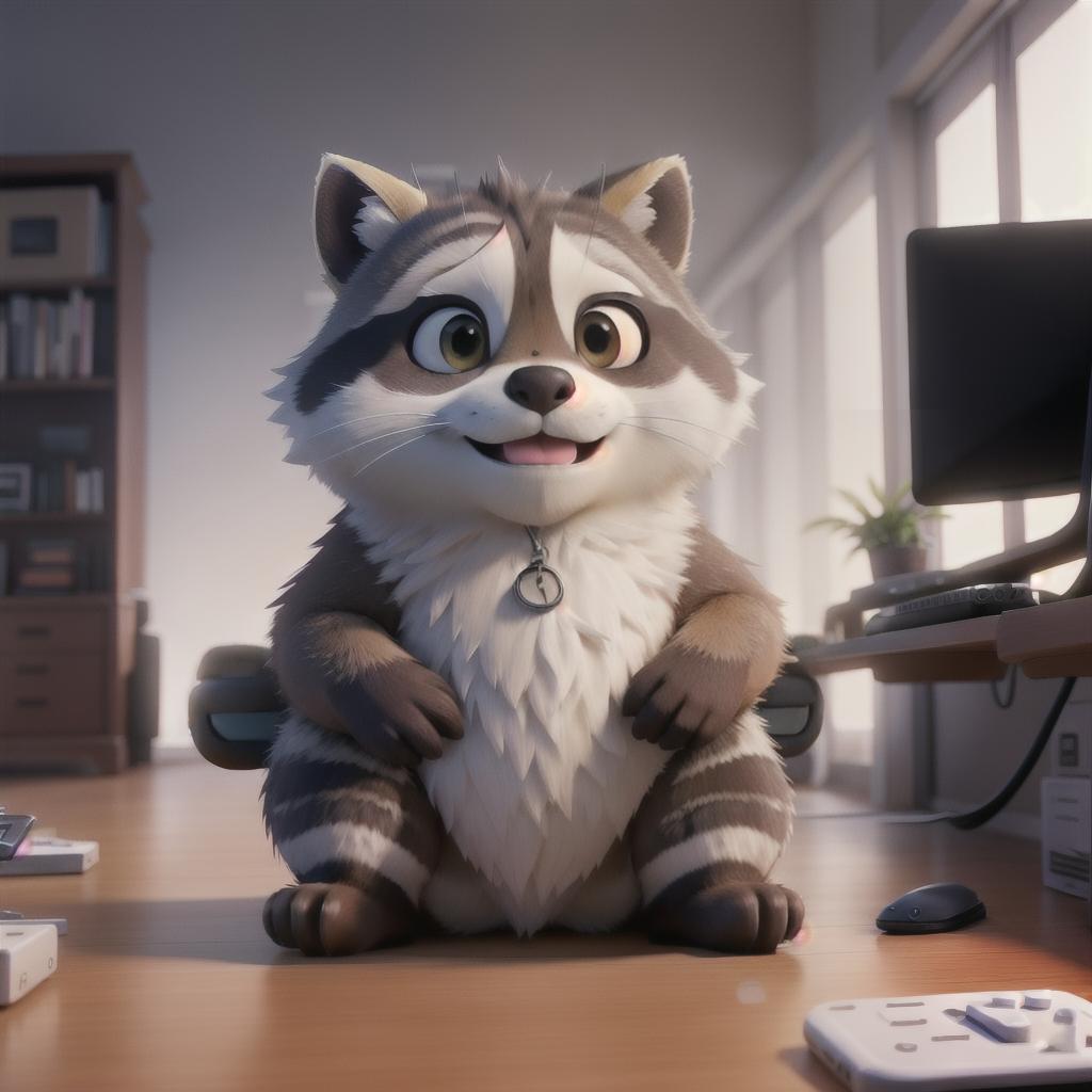  raccoon sitting in gaming chair front a computer on desktop, ((semi anthropomorphic)),(full body), tail, belly, sitting, fat, (chubby), (((white background))), solo, desktop, gaming chair, side view,  [[[clothes]]] hyperrealistic, full body, detailed clothing, highly detailed, cinematic lighting, stunningly beautiful, intricate, sharp focus, f/1. 8, 85mm, (centered image composition), (professionally color graded), ((bright soft diffused light)), volumetric fog, trending on instagram, trending on tumblr, HDR 4K, 8K