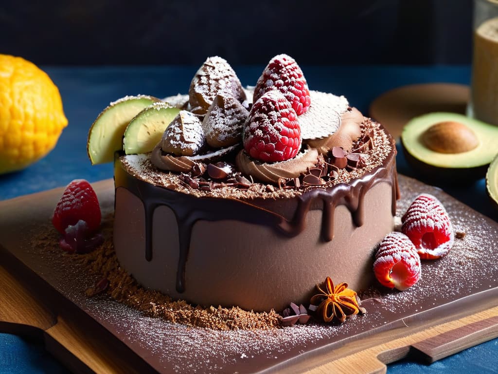  A closeup, ultradetailed image of a decadent chocolate avocado mousse topped with fresh raspberries, shredded coconut, and a sprinkle of cacao powder. The rich, creamy texture of the mousse is perfectly highlighted, showcasing the glossy finish and luscious appeal. The vibrant colors of the raspberries and coconut provide a striking contrast against the dark chocolate backdrop, creating a visually stunning and appetizing dessert image that embodies the concept of superfoods in healthy desserts. hyperrealistic, full body, detailed clothing, highly detailed, cinematic lighting, stunningly beautiful, intricate, sharp focus, f/1. 8, 85mm, (centered image composition), (professionally color graded), ((bright soft diffused light)), volumetric fog, trending on instagram, trending on tumblr, HDR 4K, 8K