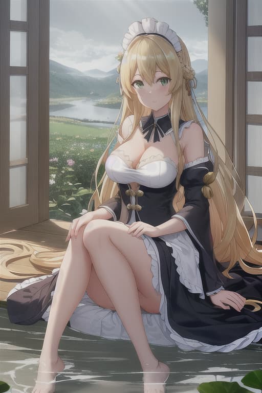  (score 9,score 8 up,score 7 up,),1girl,solo,maid,maid headdress,looking at viewer,outdoor,lake,apron,blonde hair,indoors,green eyes,bare foot,two feet in the water lotus flower sex stunny hyperrealistic, full body, detailed clothing, highly detailed, cinematic lighting, stunningly beautiful, intricate, sharp focus, f/1. 8, 85mm, (centered image composition), (professionally color graded), ((bright soft diffused light)), volumetric fog, trending on instagram, trending on tumblr, HDR 4K, 8K