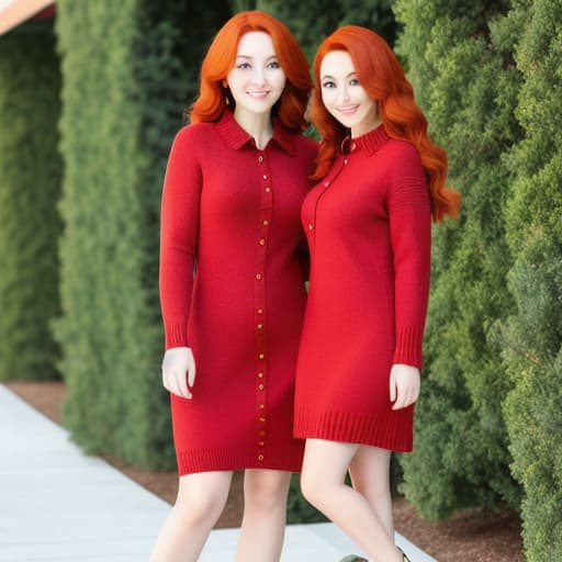  2 women long red hair,button up knitted dress medium hugging