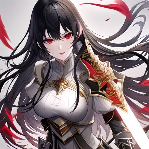  a girl manhua character with black hair and red eyes with white skin wearing knite dress and carrying a sword hyperrealistic, full body, detailed clothing, highly detailed, cinematic lighting, stunningly beautiful, intricate, sharp focus, f/1. 8, 85mm, (centered image composition), (professionally color graded), ((bright soft diffused light)), volumetric fog, trending on instagram, trending on tumblr, HDR 4K, 8K