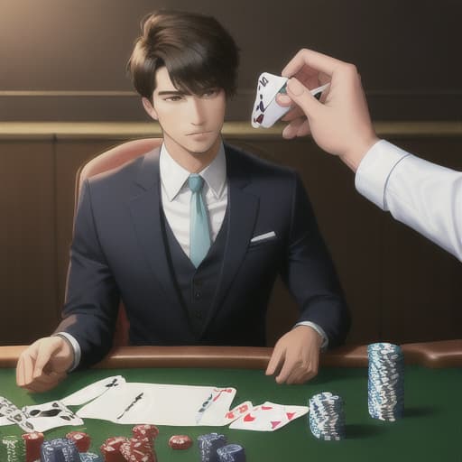  bull sitting on a chair, at a poker table, holding poker cards in hands, realistic, realism