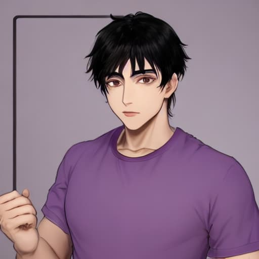  He has black hair, brown eyes, and wears gray-purple shirts
