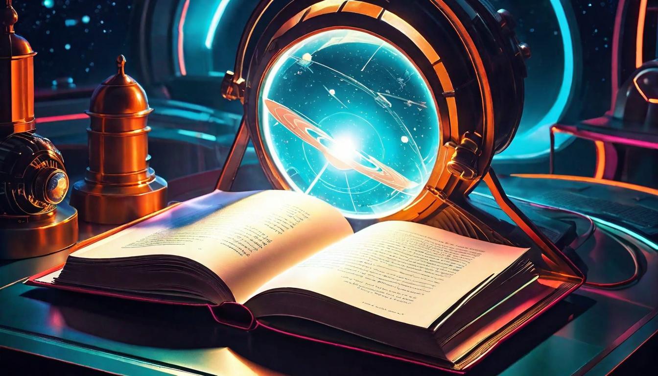  retro futuristic Storybook open, its glowing pages casting light in the darkness, narratives that inspire and transform lvintage sci fi, 50s and 60s style, atomic age, vibrant, highly detailed