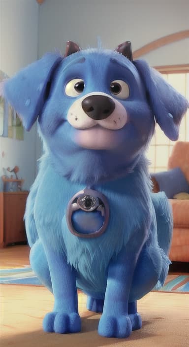  {Max snuggled up in his comfy dog bed inside the house, fast asleep, The big blue dog is large with sky blue fur, big round eyes, a black nose, and floppy ears.