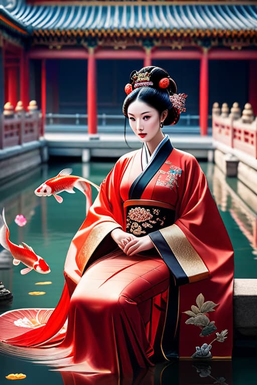  (masterpiece), (extremely intricate:1.3), (realistic), detailed and vivid charming portrait of the Tang Dynasty royal ladies, with their hair in a bun, red and transparent neon dress, koi fish in the water, charming big eyes, reflecting the pool water in the palace, Sit down, barefoot kick splash, soft natural light, portrait photography, magical photography, dramatic lighting, photo realism, hyperfine, intimate portrait composition, Background Palace Museum, Leica 50mm, f1.3 hyperrealistic, full body, detailed clothing, highly detailed, cinematic lighting, stunningly beautiful, intricate, sharp focus, f/1. 8, 85mm, (centered image composition), (professionally color graded), ((bright soft diffused light)), volumetric fog, trending on instagram, trending on tumblr, HDR 4K, 8K