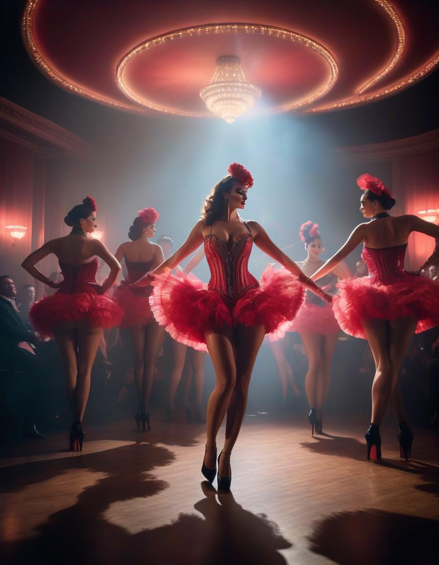  Cabaret brothel with girls dancing cancan, fantastical bright light show hyperrealistic, full body, detailed clothing, highly detailed, cinematic lighting, stunningly beautiful, intricate, sharp focus, f/1. 8, 85mm, (centered image composition), (professionally color graded), ((bright soft diffused light)), volumetric fog, trending on instagram, trending on tumblr, HDR 4K, 8K