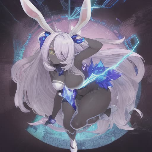  An archmage woman, dark skin, tall and with large and a, with long silver hair, with rabbit ears instead of human ears, these ears will be large and will be downward facing from where the human ears would be, she will have eyes blue and an electric blue and gold aura around it, in the background it will have pink crystals, make the full body image