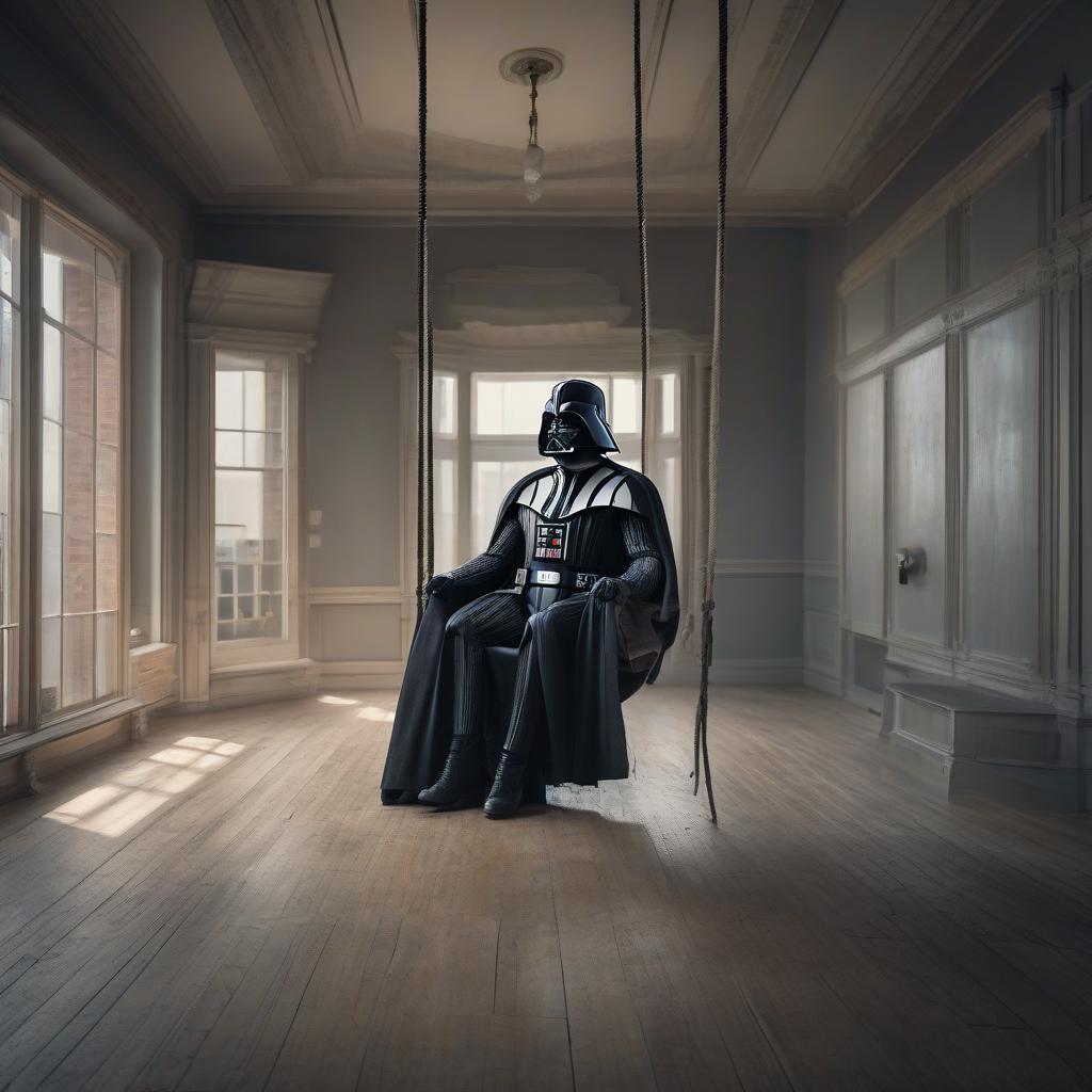  Dead Darth Vader, hanging from a rope tied around his neck. Full height, he killed himself, ended his life. At the bottom, a overturned chair and soap lie on the floor. hyperrealistic, full body, detailed clothing, highly detailed, cinematic lighting, stunningly beautiful, intricate, sharp focus, f/1. 8, 85mm, (centered image composition), (professionally color graded), ((bright soft diffused light)), volumetric fog, trending on instagram, trending on tumblr, HDR 4K, 8K