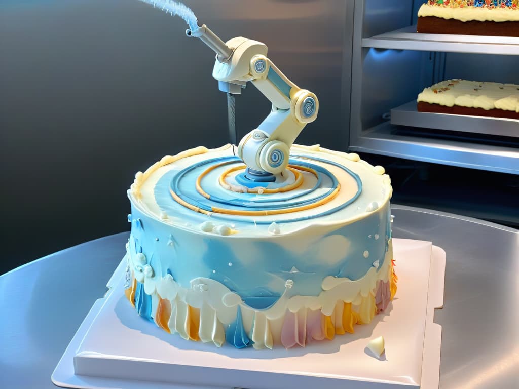  A closeup, ultradetailed image of a sleek, futuristic robotic arm delicately piping intricate designs on a perfectly frosted cake. The robot's metallic surface gleams under the soft glow of the bakery lights, showcasing its precision and advanced technology. The cake below is a work of art, adorned with colorful swirls and patterns that contrast beautifully against the pristine white frosting. This highresolution image captures the seamless integration of technology and artistry in a modern bakery setting, inspiring a sense of innovation and creativity in the viewer. hyperrealistic, full body, detailed clothing, highly detailed, cinematic lighting, stunningly beautiful, intricate, sharp focus, f/1. 8, 85mm, (centered image composition), (professionally color graded), ((bright soft diffused light)), volumetric fog, trending on instagram, trending on tumblr, HDR 4K, 8K