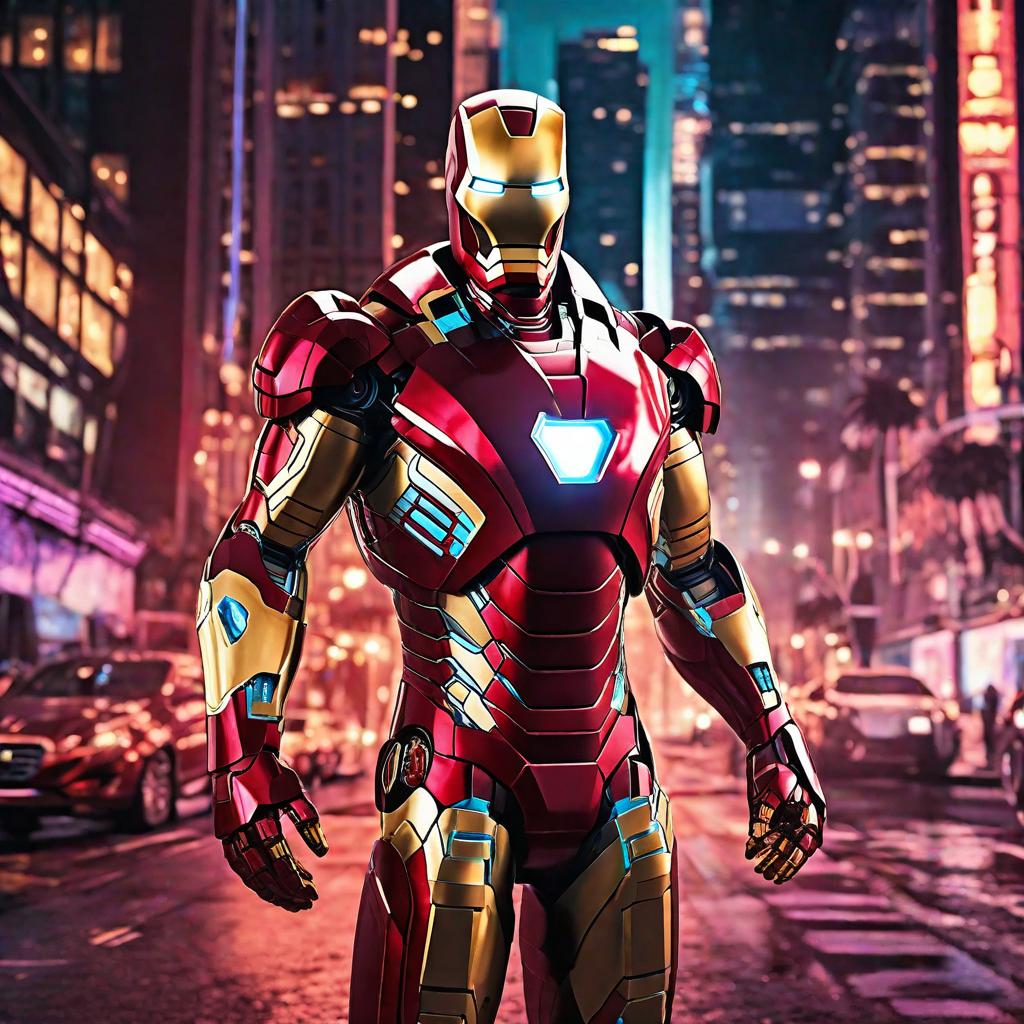  masterpiece, best quality, Best quality, masterpiece, 8k resolution, realistic, highly detailed, close up of Iron Man. In a cyberpunk-style night scene of the city, he stands on a street lined with tall buildings. The city's night lights are bright, The surrounding buildings and streets are filled with cyberpunk elements such as neon lights, high-tech devices, and futuristic architectural designs.