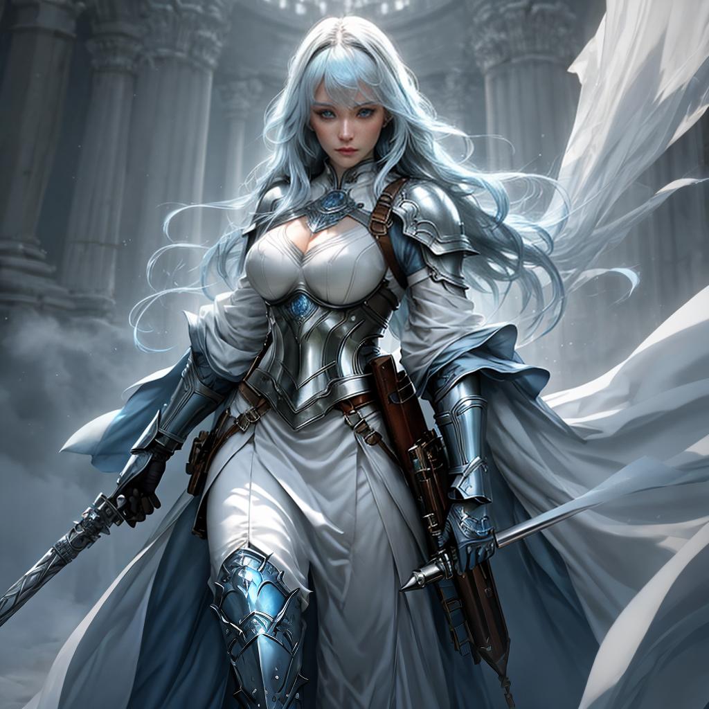  (solo:1.5), 1female, light blue hair, radiant blue eyes, white skin, light plated cloth armor, hold staff, ((full body)) hyperrealistic, full body, detailed clothing, highly detailed, cinematic lighting, stunningly beautiful, intricate, sharp focus, f/1. 8, 85mm, (centered image composition), (professionally color graded), ((bright soft diffused light)), volumetric fog, trending on instagram, trending on tumblr, HDR 4K, 8K