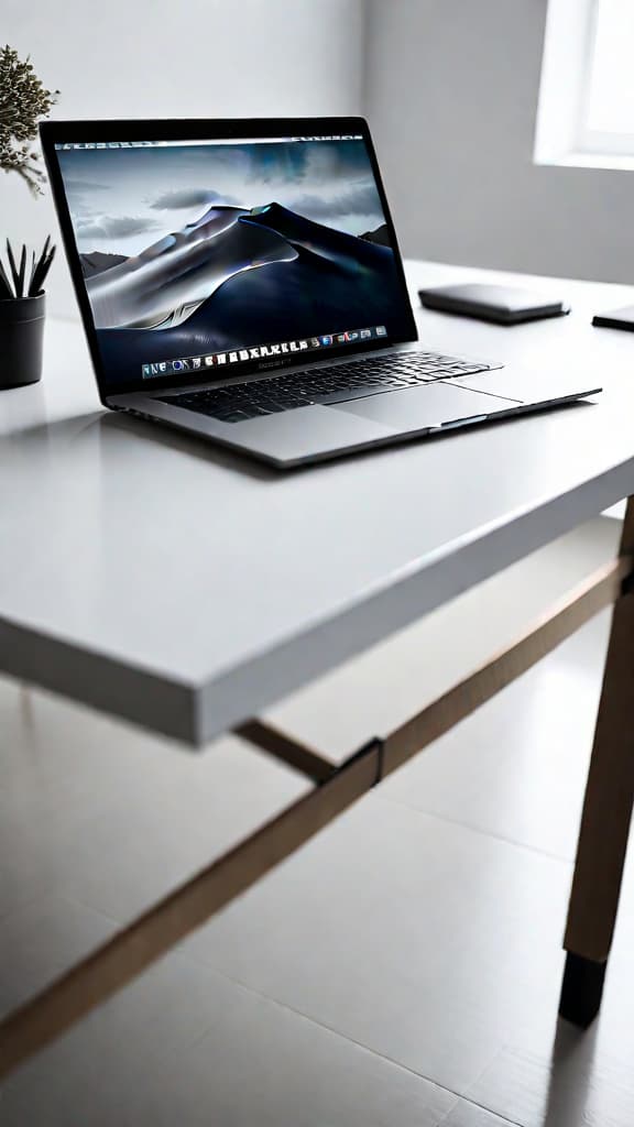  (A simple office desk with a laptop, pen, and notebook on it, set against a plain white wall background.) hyperrealistic, full body, detailed clothing, highly detailed, cinematic lighting, stunningly beautiful, intricate, sharp focus, f/1. 8, 85mm, (centered image composition), (professionally color graded), ((bright soft diffused light)), volumetric fog, trending on instagram, trending on tumblr, HDR 4K, 8K