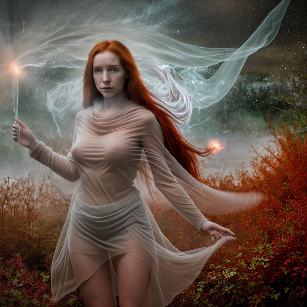  full body portrait Glowing particle matter floating through a translucent invisible ghost woman, wearing a subtle cloak, she watches in amazement, her eyes large, excited face, long flaming red hair