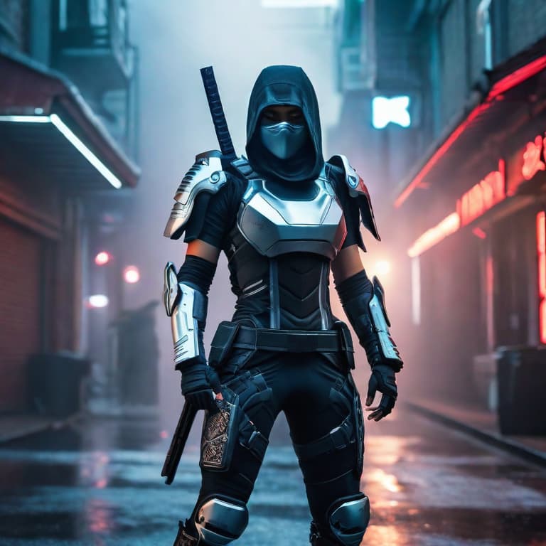  Futuristic cyborg ninja assassin hyperrealistic, full body, detailed clothing, highly detailed, cinematic lighting, stunningly beautiful, intricate, sharp focus, f/1. 8, 85mm, (centered image composition), (professionally color graded), ((bright soft diffused light)), volumetric fog, trending on instagram, trending on tumblr, HDR 4K, 8K