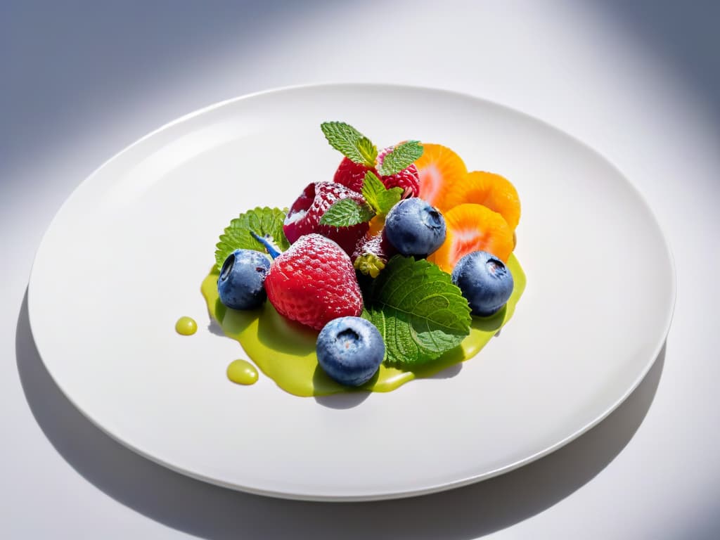  A highresolution, minimalist image of a beautifully plated dessert on a modern, sleek white plate, garnished with fresh berries and a delicate mint leaf. The dessert should be elegantly presented with precise attention to detail, showcasing a balance of colors and textures that evoke sophistication and artistry. hyperrealistic, full body, detailed clothing, highly detailed, cinematic lighting, stunningly beautiful, intricate, sharp focus, f/1. 8, 85mm, (centered image composition), (professionally color graded), ((bright soft diffused light)), volumetric fog, trending on instagram, trending on tumblr, HDR 4K, 8K