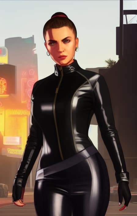  gtav style, artwork-gta5 heavily styilized, A young woman in the virtual world wears a VR black and blue outline bodysuit with shoulder pads; futuristic, HD, digital art, VFX, cyberspace background, octane render, 90s cartoon version, Best quality