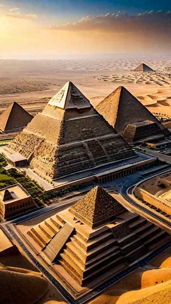  (A vast, grandiose cityscape nestled among rolling hills, with towering spires and intricate, ornate architecture that seems to defy gravity. The buildings are constructed with a unique blend of stone, metal, and advanced materials, showcasing a level of engineering and design far beyond the capabilities of modern construction. In the foreground, the iconic great pyramids stand tall, their smooth, reflective surfaces gleaming under the warm, ambient light. The entire scene exudes a sense of technological sophistication and a civilization that was centuries ahead of its time.) hyperrealistic, full body, detailed clothing, highly detailed, cinematic lighting, stunningly beautiful, intricate, sharp focus, f/1. 8, 85mm, (centered image composition), (professionally color graded), ((bright soft diffused light)), volumetric fog, trending on instagram, trending on tumblr, HDR 4K, 8K