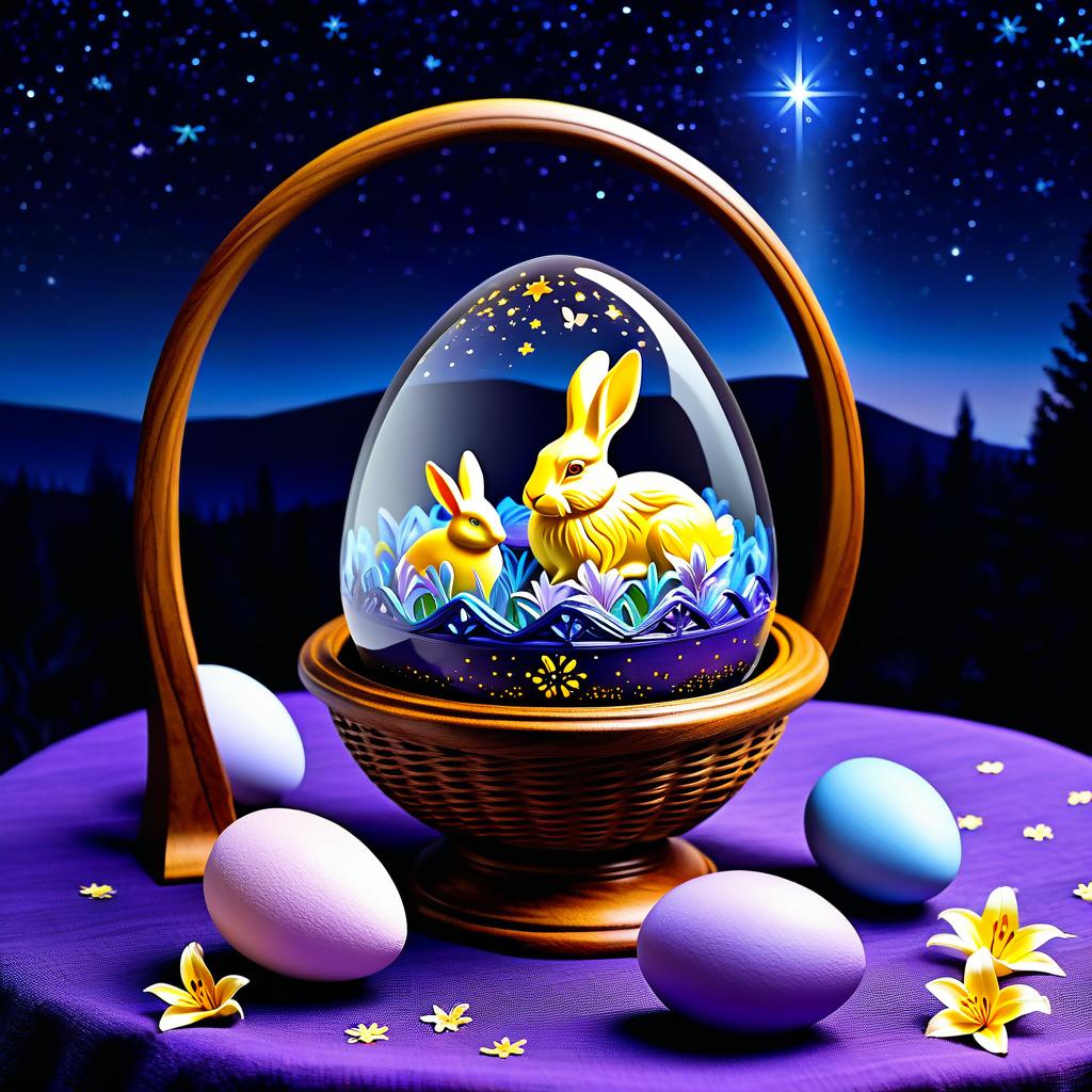  ethereal fantasy concept art of (Sky):starry night. (Colour):dark blue, violet, lilac. Yellow, orange cream lilies blossom on the background of the starry sky. On the openwork tablecloth is an Easter basket with Easter eggs. In the centre of the basket is a large decorative glass egg on a carved wooden stand. In the egg sits the Easter Bunny. (Bunny). Description: a small fluffy adorable bunny. Wool of delicate pastel colours: blue, lilac, the colour of cocoa with milk. Sits in the young grass around him painted Easter eggs: lilac pink orange red, blue, lettuce. . magnificent, celestial, ethereal, painterly, epic, majestic, magical, fantasy art, cover art, dreamy hyperrealistic, full body, detailed clothing, highly detailed, cinematic lighting, stunningly beautiful, intricate, sharp focus, f/1. 8, 85mm, (centered image composition), (professionally color graded), ((bright soft diffused light)), volumetric fog, trending on instagram, trending on tumblr, HDR 4K, 8K