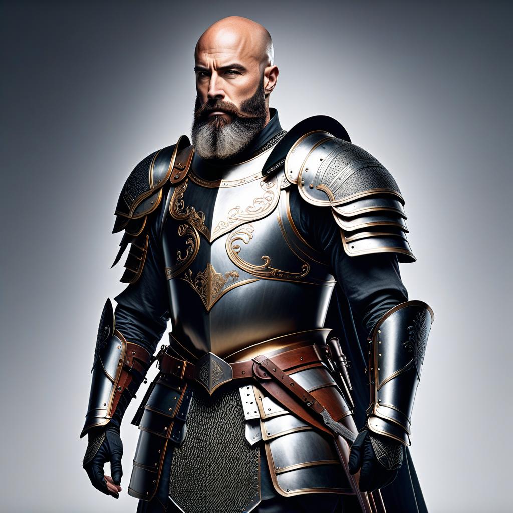  line art drawing bald bearded warrior in knight's armor, without helmet . professional, sleek, modern, minimalist, graphic, line art, vector graphics hyperrealistic, full body, detailed clothing, highly detailed, cinematic lighting, stunningly beautiful, intricate, sharp focus, f/1. 8, 85mm, (centered image composition), (professionally color graded), ((bright soft diffused light)), volumetric fog, trending on instagram, trending on tumblr, HDR 4K, 8K