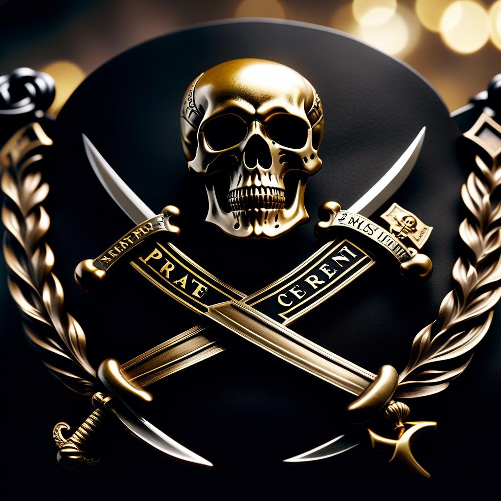  cinematic photo The pirate crest consists of a skull with swords and bones, and an inscription on a ribbon that reads CEMETERY in black and gold. . 35mm photograph, film, bokeh, professional, 4k, highly detailed hyperrealistic, full body, detailed clothing, highly detailed, cinematic lighting, stunningly beautiful, intricate, sharp focus, f/1. 8, 85mm, (centered image composition), (professionally color graded), ((bright soft diffused light)), volumetric fog, trending on instagram, trending on tumblr, HDR 4K, 8K