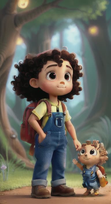  {The tree shining brightly and releasing a gentle, magical light., Riley, a curious with big brown eyes and curly hair, wearing overalls and carrying a small backpack. Their friend, Skye, a bluebird with shiny feathers.