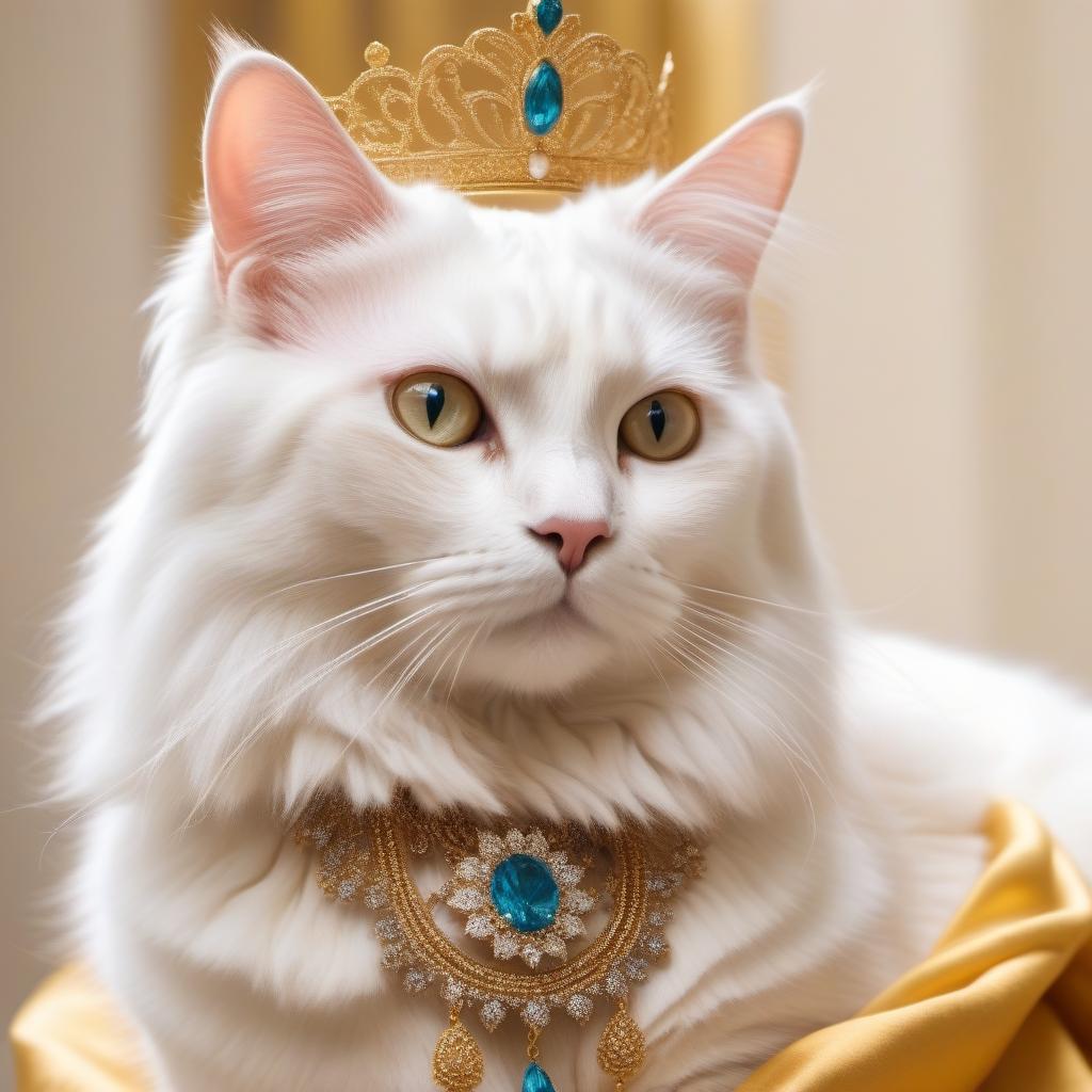  Please create a beautiful white fluffy cat in full growth on the hind legs, with a fluffy tail, in the clothes of the goddess Cleopatra, with a diadem on her head and jewelry on his chest, against a bright gold background