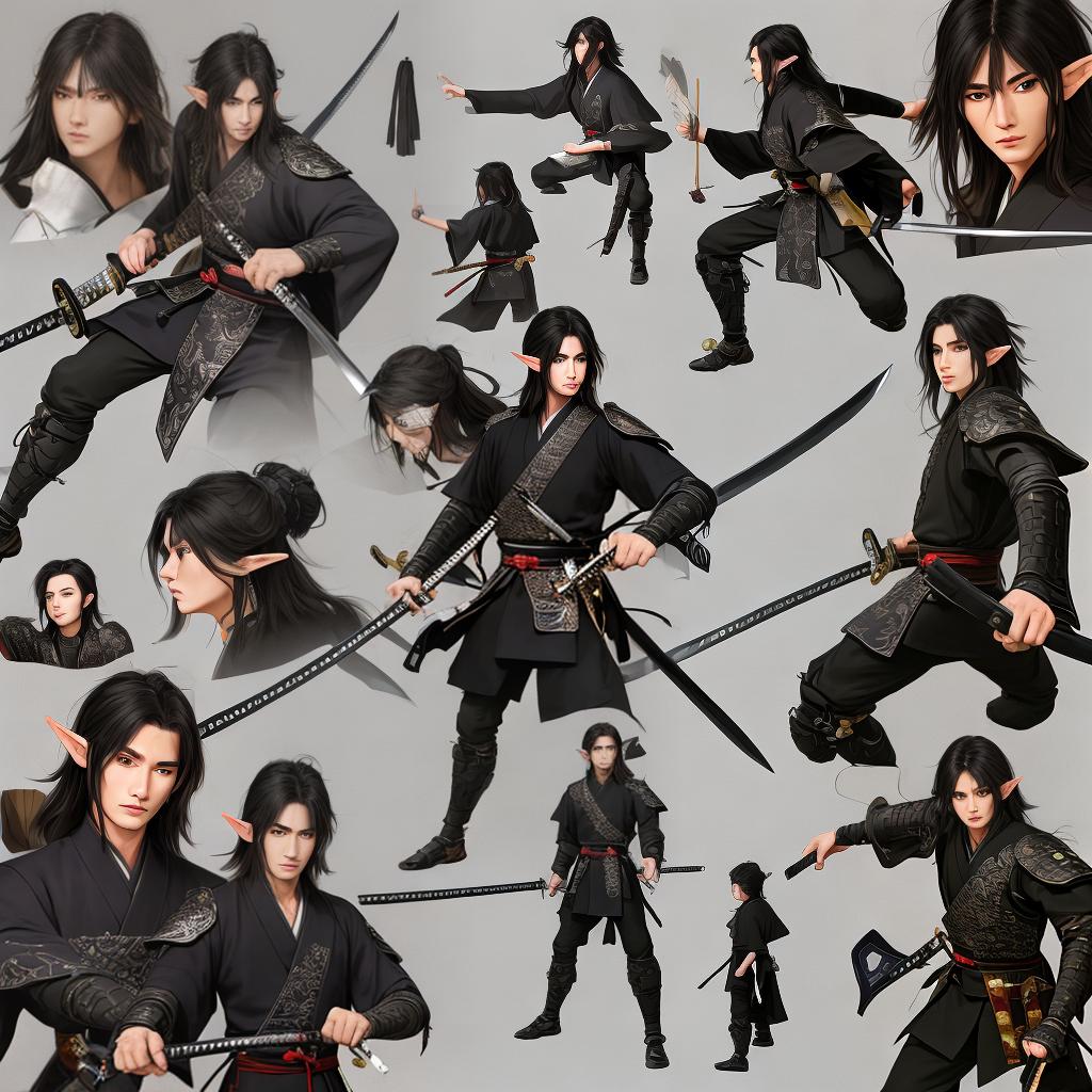  masterpiece, best quality, Best Quality, Masterpiece, 8k resolution,high resolution concept art of an aduld male Half Elf samurai with a katana from Rpg, detailed eyes, detailed hands, ultra realistic face, realistic weapons, detailed weapon, black hair, detailed fingers,