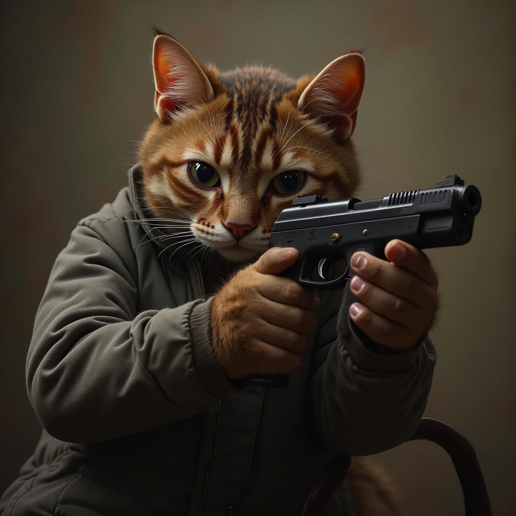  good quality, high quality, a cat with human with gun