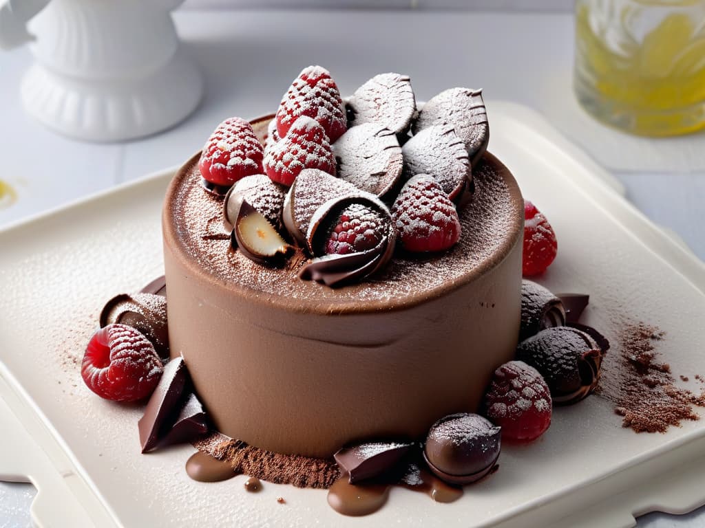  An ultradetailed photorealistic image of a decadent chocolate avocado mousse topped with fresh raspberries and a dusting of cocoa powder. The mousse is perfectly smooth and glossy, with intricate details showing the creamy texture and rich chocolate color. The raspberries are plump and vibrant, adding a pop of color to the dessert. The image is captured from a slightly elevated angle, showcasing the layers of the dessert in a visually appealing way. hyperrealistic, full body, detailed clothing, highly detailed, cinematic lighting, stunningly beautiful, intricate, sharp focus, f/1. 8, 85mm, (centered image composition), (professionally color graded), ((bright soft diffused light)), volumetric fog, trending on instagram, trending on tumblr, HDR 4K, 8K