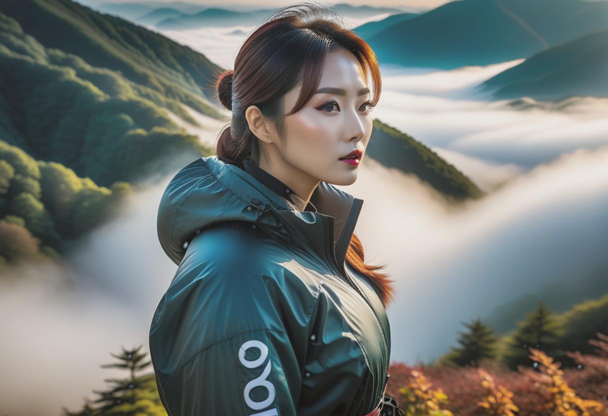  South Korea, nature, sunrise. hyperrealistic, full body, detailed clothing, highly detailed, cinematic lighting, stunningly beautiful, intricate, sharp focus, f/1. 8, 85mm, (centered image composition), (professionally color graded), ((bright soft diffused light)), volumetric fog, trending on instagram, trending on tumblr, HDR 4K, 8K