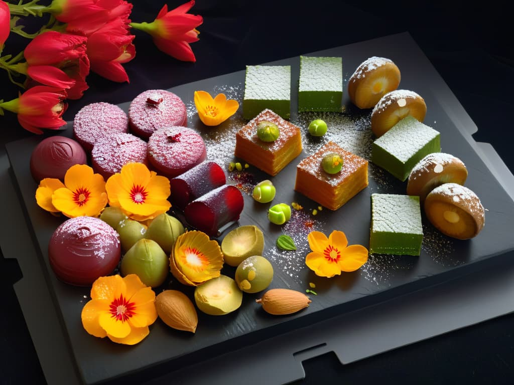  An ultradetailed image of a vibrant and intricately designed Indian dessert platter, showcasing an array of colorful sweets like gulab jamun, jalebi, and barfi. Each dessert is meticulously garnished with edible flowers, silver leaf, and crushed pistachios, arranged on a sleek black slate plate with modern, minimalist presentation. The desserts are set against a dark background to make the colors pop, creating a visually striking and appetizing composition that captures the essence of exotic Indian sweets in a sophisticated and elegant manner. hyperrealistic, full body, detailed clothing, highly detailed, cinematic lighting, stunningly beautiful, intricate, sharp focus, f/1. 8, 85mm, (centered image composition), (professionally color graded), ((bright soft diffused light)), volumetric fog, trending on instagram, trending on tumblr, HDR 4K, 8K