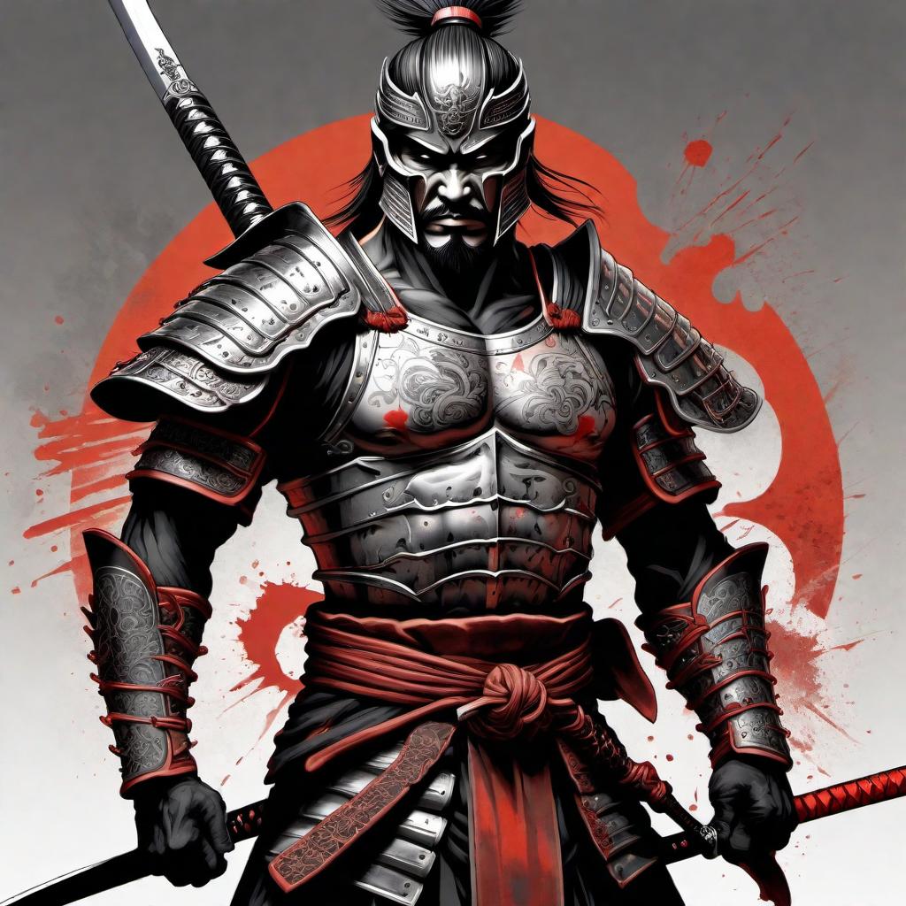  A gothic style tattoo design showing a samurai warrior embodying pain and suffering from many personal wars, yet standing strong. His armor is cracked to unveil the scars and beatings taken. The colors are predominantly silver, dark orange, black, and platinum. The warrior is bruised and bloody but presents a triumphant stance. In one hand, he holds a Japanese sword, and surrounding him are the fallen bodies of his enemies, adding to the gothic atmosphere of conquering adversity. hyperrealistic, full body, detailed clothing, highly detailed, cinematic lighting, stunningly beautiful, intricate, sharp focus, f/1. 8, 85mm, (centered image composition), (professionally color graded), ((bright soft diffused light)), volumetric fog, trending on instagram, trending on tumblr, HDR 4K, 8K