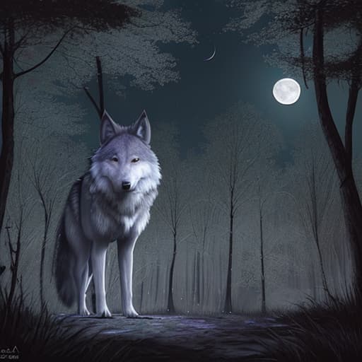  bosque nocturno con luna llena y wolf