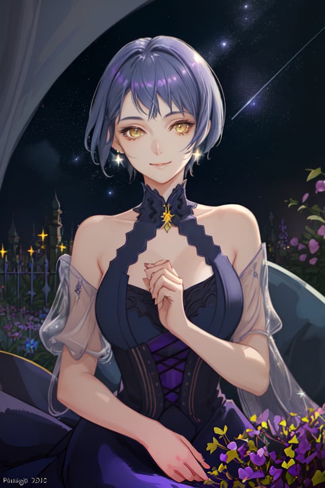  1 lady,indigo hair,pixie cut,yellow eyes,purple glittering dress,light smile,starry sky,garden,face close up