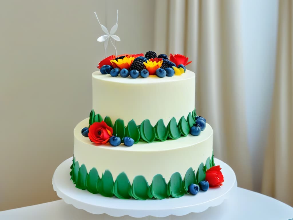  A minimalist, ultradetailed image of a beautifully decorated threetiered cake, showcasing intricate piping work, delicate fondant decorations, and vibrant colors. The cake is elegantly displayed on a simple, clean white cake stand, with soft natural lighting highlighting its exquisite details. hyperrealistic, full body, detailed clothing, highly detailed, cinematic lighting, stunningly beautiful, intricate, sharp focus, f/1. 8, 85mm, (centered image composition), (professionally color graded), ((bright soft diffused light)), volumetric fog, trending on instagram, trending on tumblr, HDR 4K, 8K