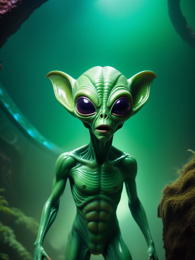  alien-themed dynamic pose ,dynamic camera, green monster with humanoid features with ears and open mouth, in a fairy but gloomy environment, he is moving to move, a disquieting face, a look that look to the left, cool colors, fantasy vibes world, scene inspired by a movie . extraterrestrial, cosmic, otherworldly, mysterious, sci-fi, highly detailed