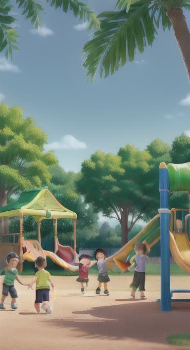  {Children playing in a sunny park with swings and slides., Same group of happy children, now wearing casual play clothes.