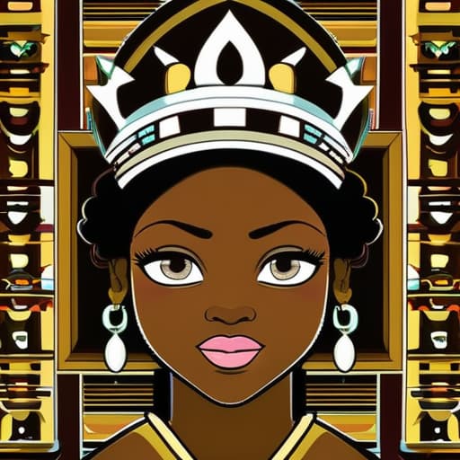  A cartoon style ilration of a young African American king over a horizontal surface, showing only her eyes and the top of her head. Her eyes are large, almond shaped, and expressive, with radiant hazel irises, conveying curiosity. She has a soft smile visible in her twinkling eyes and her head is slightly tilted to the right. Her hair is styled in small curly puffs, adorned with large bows. She wears small, round earrings, and her fingers, painted with red nail polish, rest gently against her cheeks. The image has a , innocent, and charming vibe, with a soft, smooth finish hyperrealistic, full body, detailed clothing, highly detailed, cinematic lighting, stunningly beautiful, intricate, sharp focus, f/1. 8, 85mm, (centered image composition), (professionally color graded), ((bright soft diffused light)), volumetric fog, trending on instagram, trending on tumblr, HDR 4K, 8K