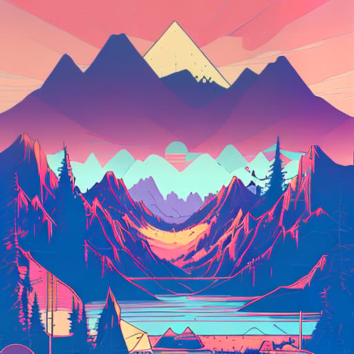 nvinkpunk Whimsical mountains with trees, water, and camping