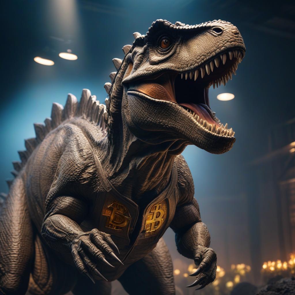  Bitcoin dinosaur hyperrealistic, full body, detailed clothing, highly detailed, cinematic lighting, stunningly beautiful, intricate, sharp focus, f/1. 8, 85mm, (centered image composition), (professionally color graded), ((bright soft diffused light)), volumetric fog, trending on instagram, trending on tumblr, HDR 4K, 8K